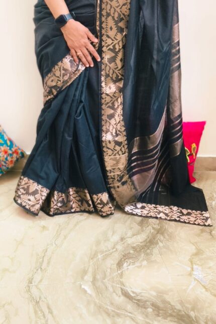 Black Muga Silk Cotton Saree with Antique Gold Zari Border and Running Blouse for festive traditional wear