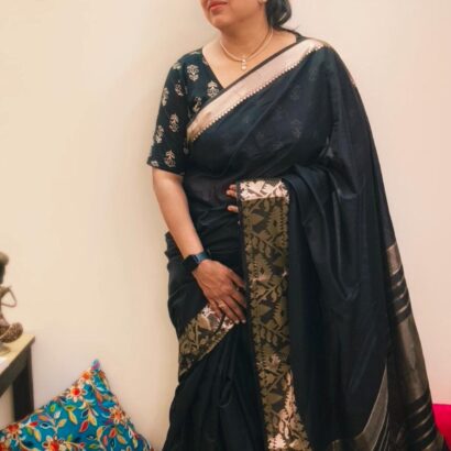 Black Muga Silk Cotton Saree with Antique Gold Zari Border and Running Blouse for festive traditional wear