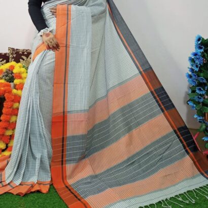 Pearl White Pure Khadi Cotton Check Saree with Slate Grey checks and Peach Orange contrast border in elegant handloom style.