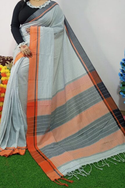 Pearl White Pure Khadi Cotton Check Saree with Slate Grey checks and Peach Orange contrast border in elegant handloom style.