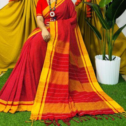 Red Pure Khadi Cotton Check Saree with Mustard Yellow border and woven handloom check pattern for ethnic wear.