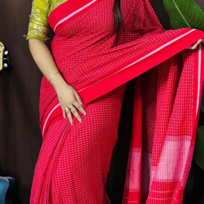 Cherry Red Pure Khadi Cotton Check Saree with Silver White woven checks and elegant border design for traditional daily wear.
