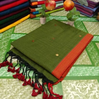 Olive Green & Rust Orange Premium Contrast Border Saree with elegant plain body and stylish border design