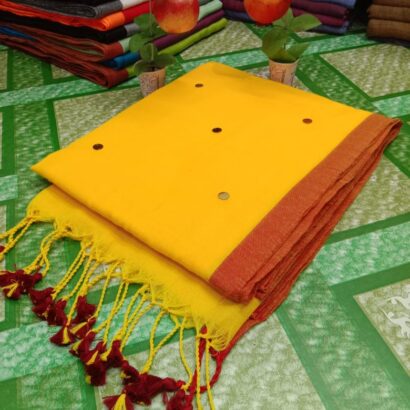 Yellow & Copper Brown Premium Contrast Border Saree with elegant plain body and stylish border design