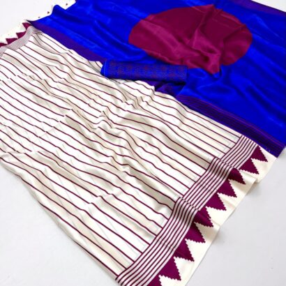 Ivory White Royal Blue Modal Satin Ajrakh Digital Print Saree with premium striped pattern