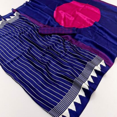 Royal Blue Pink Modal Satin Ajrakh Digital Print Saree with striped designer pattern