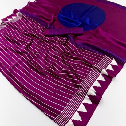 Magenta Royal Blue Modal Satin Ajrakh Digital Print Saree with stylish ethnic stripe pattern