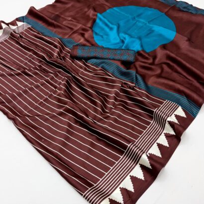 Coffee Brown Sky Blue Modal Satin Ajrakh Digital Print Saree with modern striped design