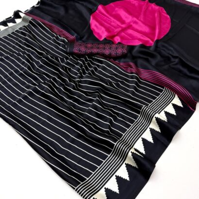 Black Rani Pink Modal Satin Ajrakh Digital Print Saree with elegant striped border design