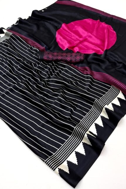 Black Rani Pink Modal Satin Ajrakh Digital Print Saree with elegant striped border design