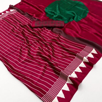 Rani Pink Bottle Green Modal Satin Ajrakh Digital Print Saree with graceful ethnic look