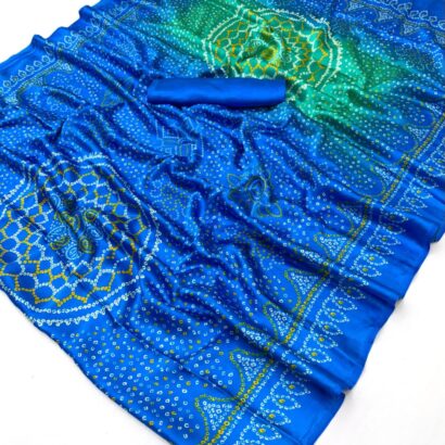 Royal Blue Bandhej Double Shade Semi Modal Satin Silk Saree with Traditional Printed Design