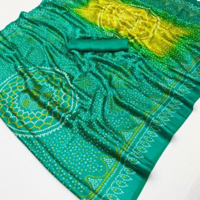 Sea Green Bandhej Double Shade Semi Modal Satin Silk Saree with Traditional Printed Design