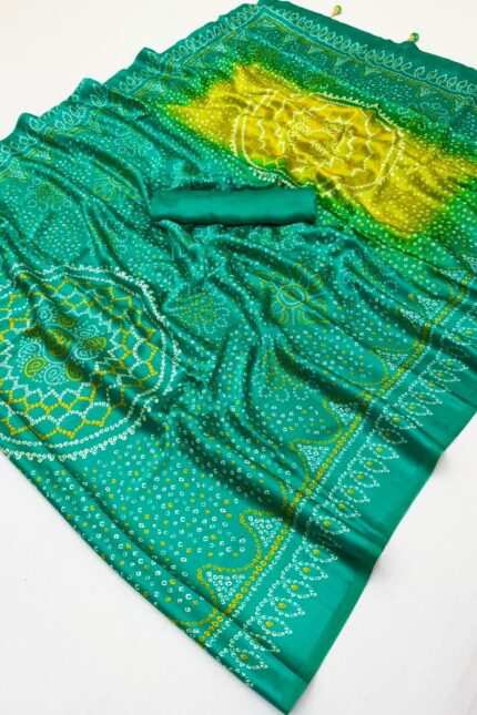 Sea Green Bandhej Double Shade Semi Modal Satin Silk Saree with Traditional Printed Design