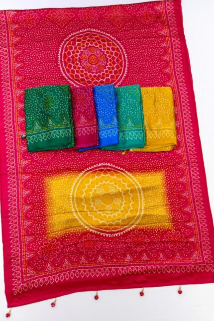 Bandhej Double Shade Semi Modal Satin Silk Saree with Traditional Printed Design