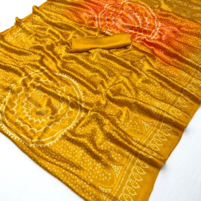 Mustard Yellow Bandhej Double Shade Semi Modal Satin Silk Saree with Traditional Printed Design