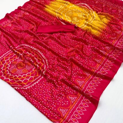 Rani Pink Bandhej Double Shade Semi Modal Satin Silk Saree with Traditional Printed Design