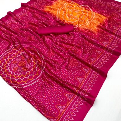 Magenta Pink Bandhej Double Shade Semi Modal Satin Silk Saree with Traditional Printed Design