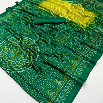 Green Bandhej Double Shade Semi Modal Satin Silk Saree with Traditional Printed Design