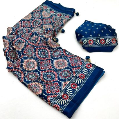 Blue Ajrakh Modal Satin Silk Saree with Digital Print and Tassel Pallu