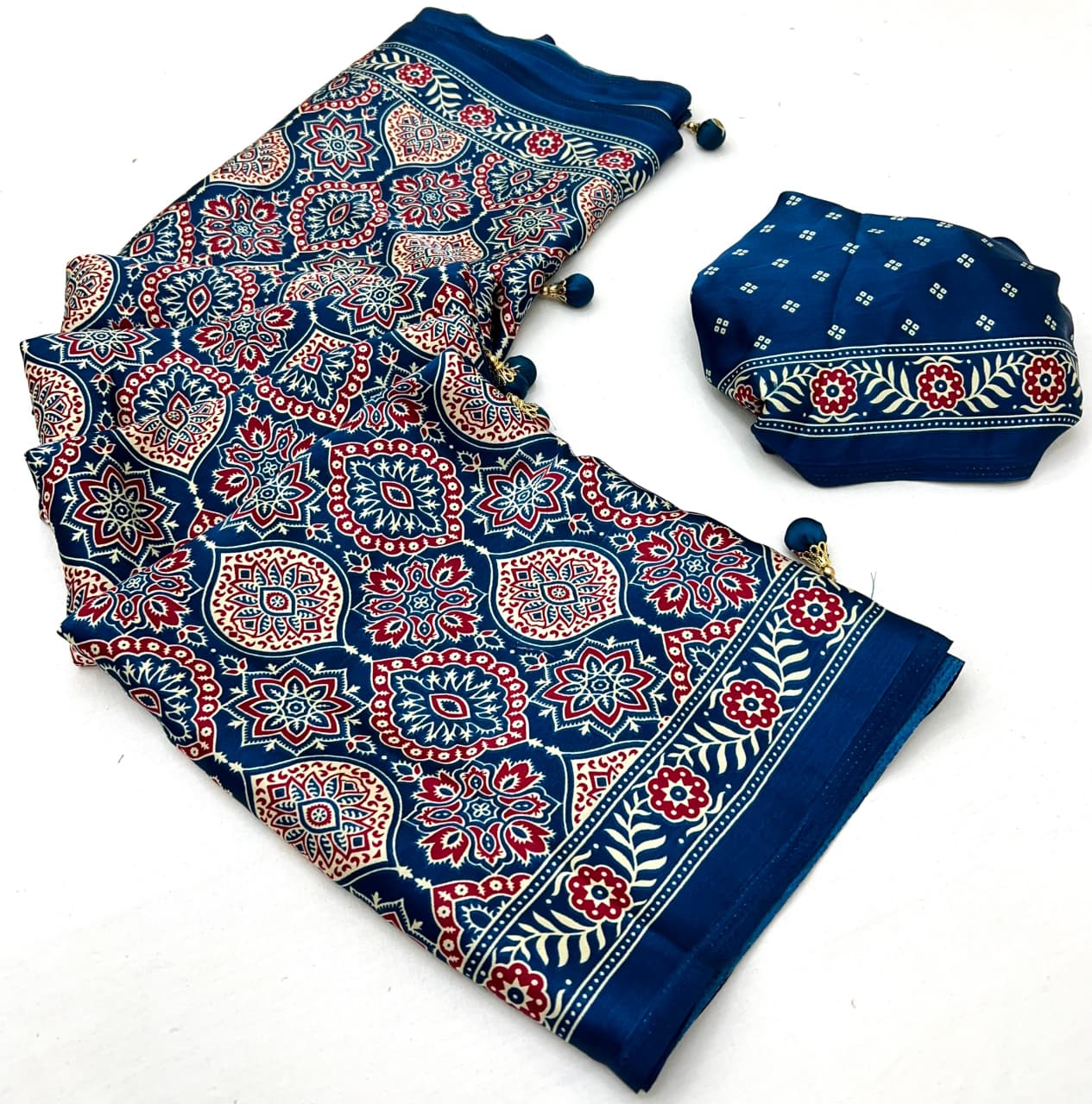 Blue Ajrakh Modal Satin Silk Saree with Digital Print and Tassel Pallu