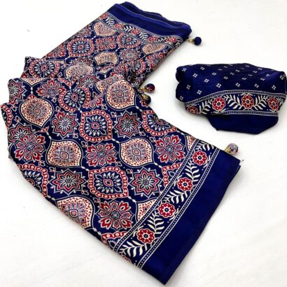 Royal Blue Ajrakh Modal Satin Silk Saree with Digital Print and Tassel Pallu