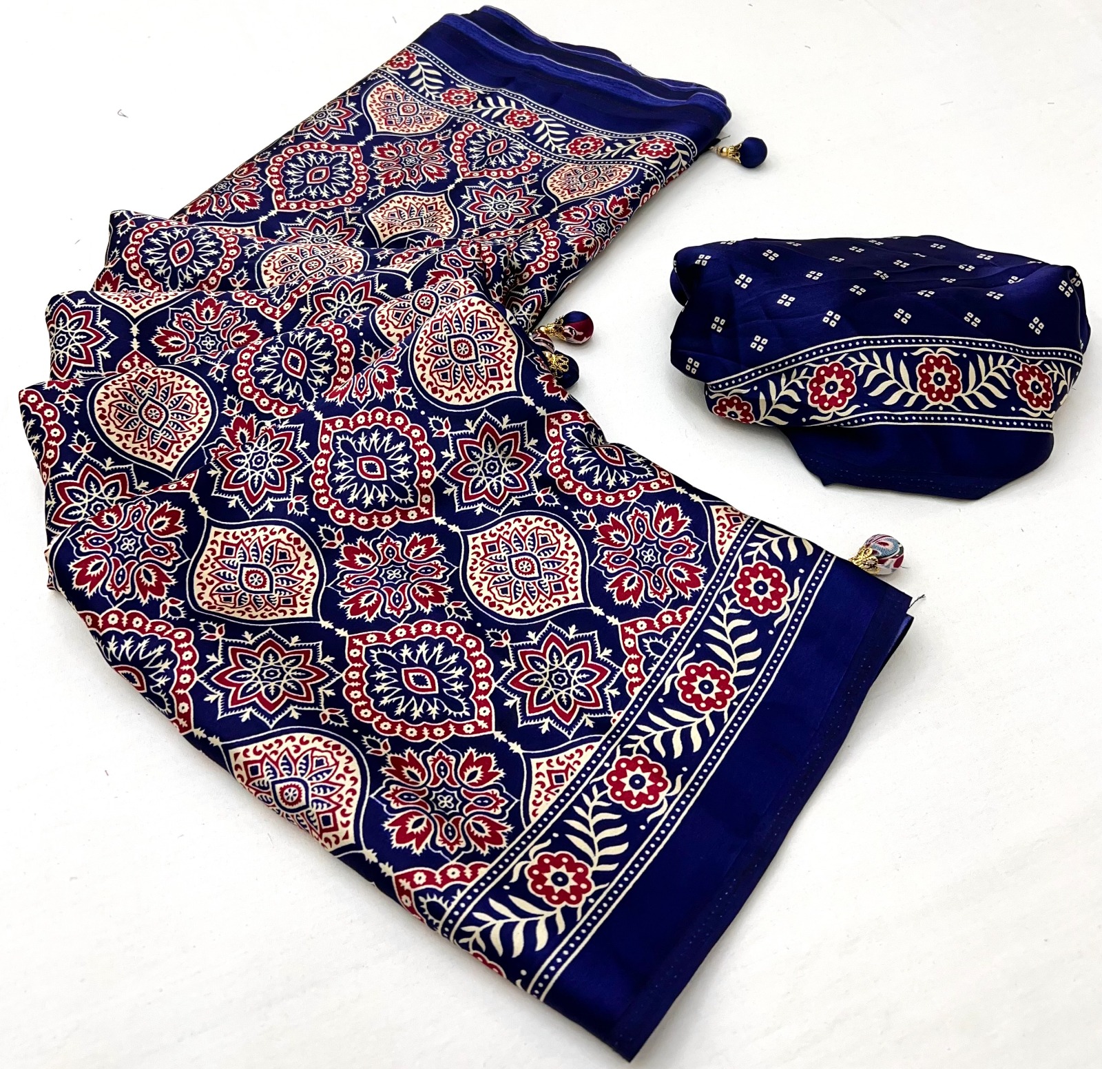 Royal Blue Ajrakh Modal Satin Silk Saree with Digital Print and Tassel Pallu