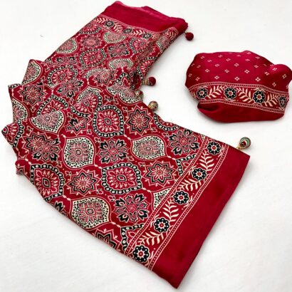 Deep Pink Red Ajrakh Modal Satin Silk Saree with Digital Print and Tassel Pallu