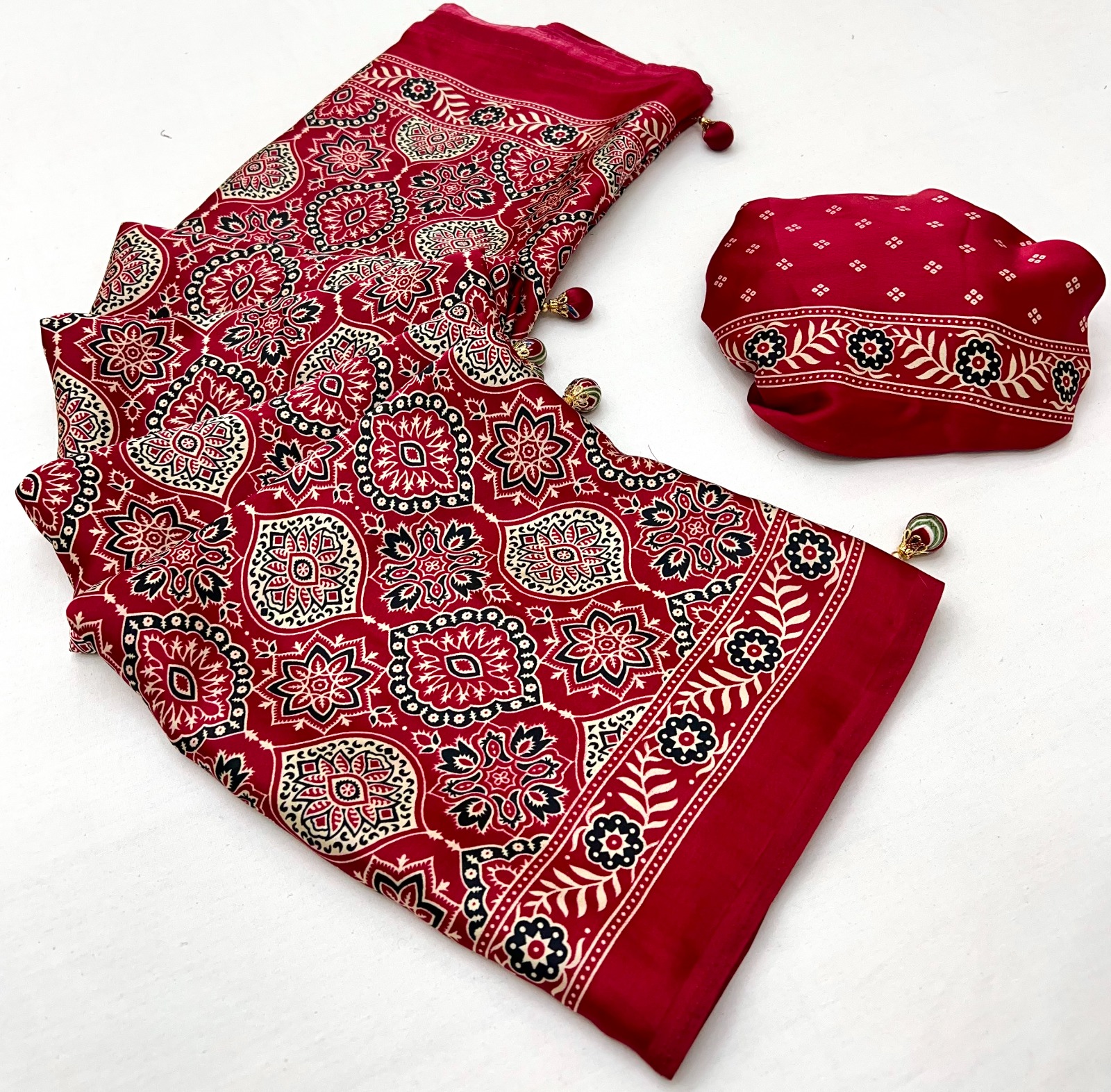 Deep Pink Red Ajrakh Modal Satin Silk Saree with Digital Print and Tassel Pallu