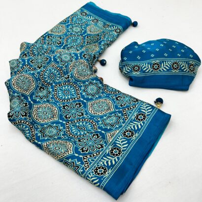 Sky Blue Ajrakh Modal Satin Silk Saree with Digital Print and Tassel Pallu