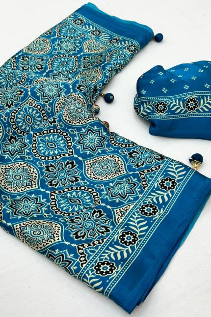 Sky Blue Ajrakh Modal Satin Silk Saree with Digital Print and Tassel Pallu