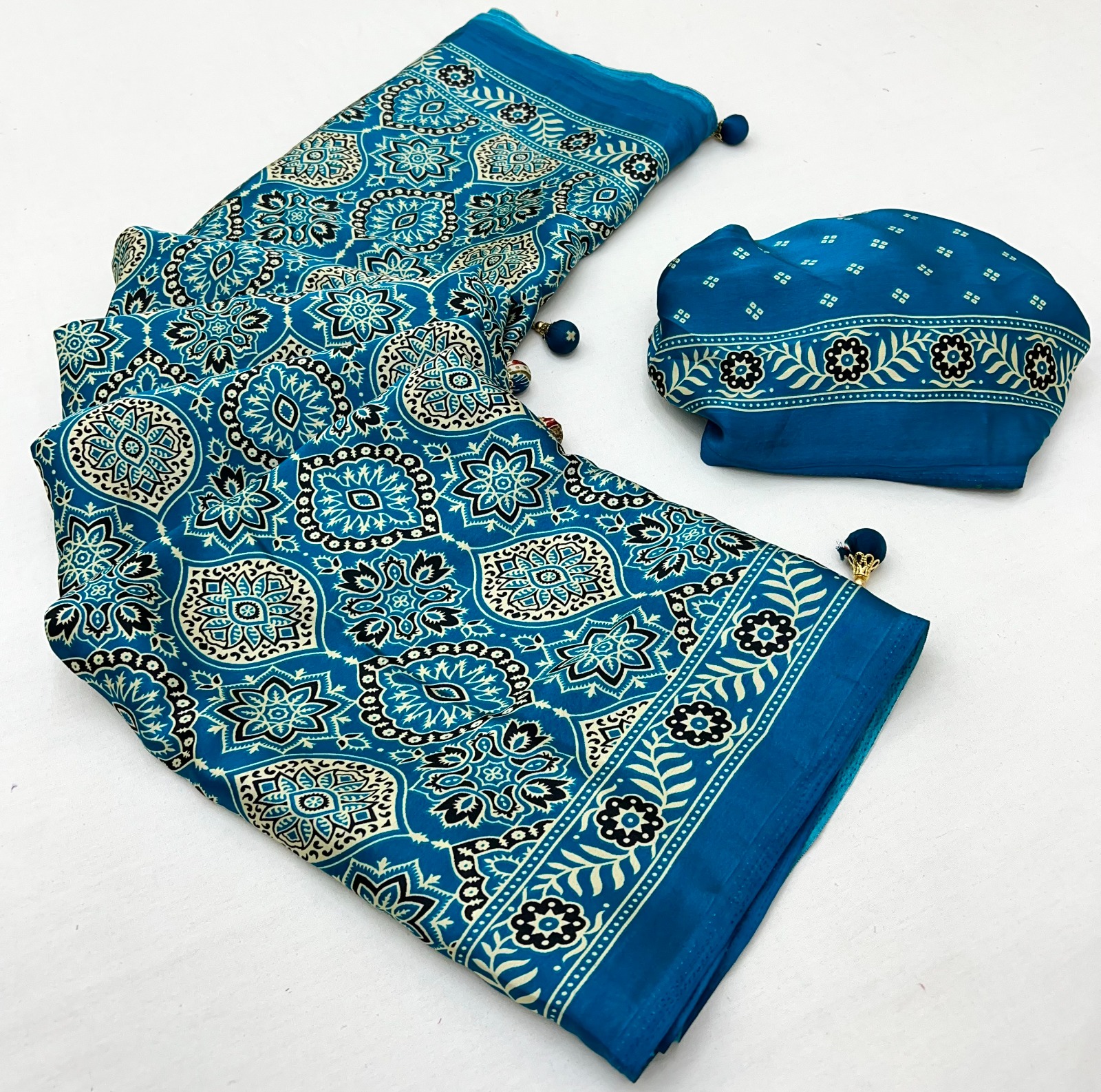 Sky Blue Ajrakh Modal Satin Silk Saree with Digital Print and Tassel Pallu