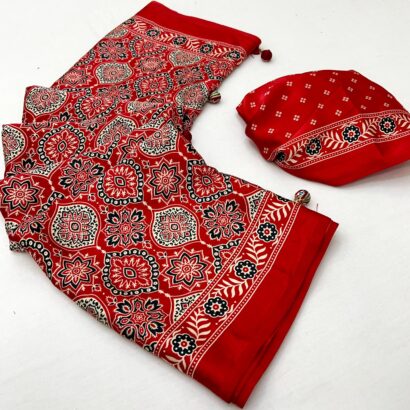 Bright Red Ajrakh Modal Satin Silk Saree with Digital Print and Tassel Pallu