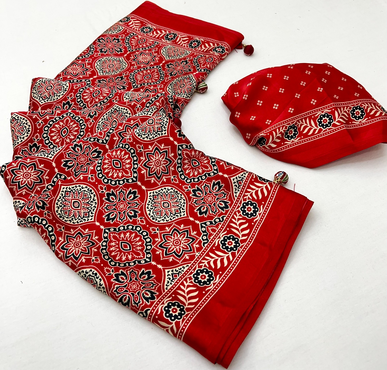 Bright Red Ajrakh Modal Satin Silk Saree with Digital Print and Tassel Pallu