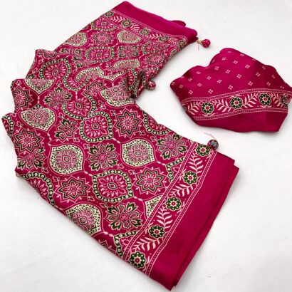 Rani Pink Ajrakh Modal Satin Silk Saree with Digital Print and Tassel Pallu
