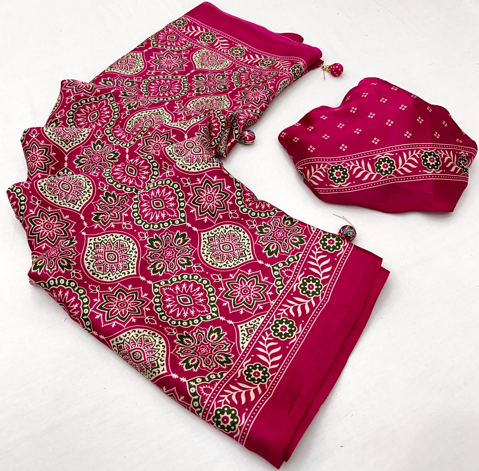 Rani Pink Ajrakh Modal Satin Silk Saree with Digital Print and Tassel Pallu
