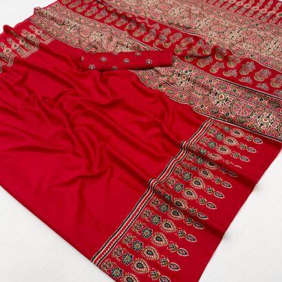 Bright Red Ajrakh Satin Crepe Saree with traditional printed border and matching blouse piece