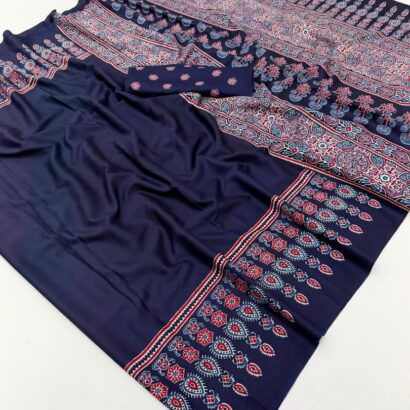 Navy Blue Ajrakh Satin Crepe Saree with traditional printed border and matching blouse piece