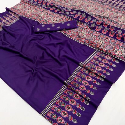 Royal Purple Ajrakh Satin Crepe Saree with traditional printed border and matching blouse piece