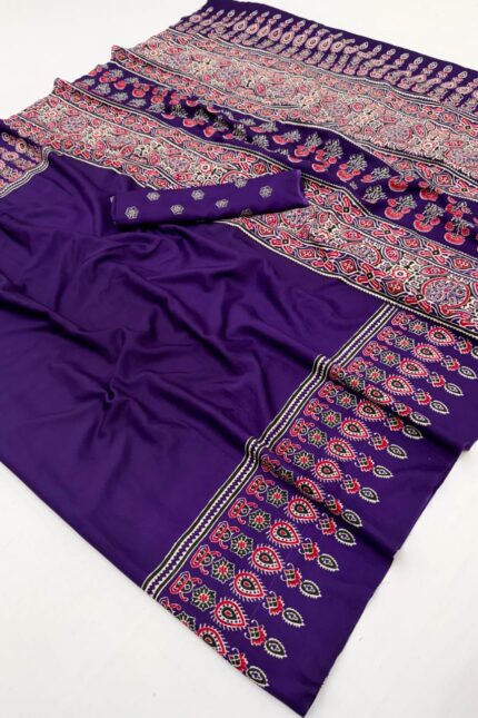 Royal Purple Ajrakh Satin Crepe Saree with traditional printed border and matching blouse piece