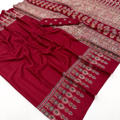 Maroon Red Ajrakh Satin Crepe Saree with traditional printed border and matching blouse piece