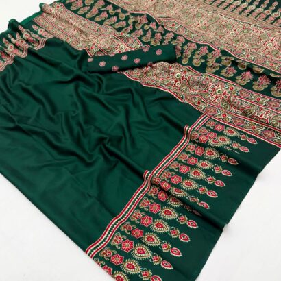 Bottle Green Ajrakh Satin Crepe Saree with traditional printed border and matching blouse piece