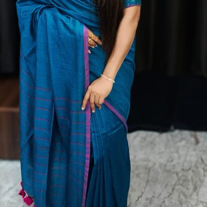 Peacock Blue Pure Handloom Cotton Saree with Stripe Weaving Pallu and Border