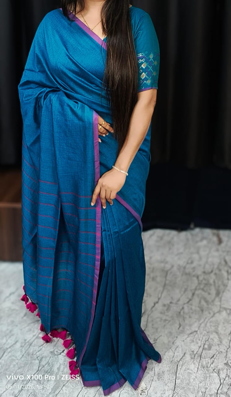 Peacock Blue Pure Handloom Cotton Saree with Stripe Weaving Pallu and Border