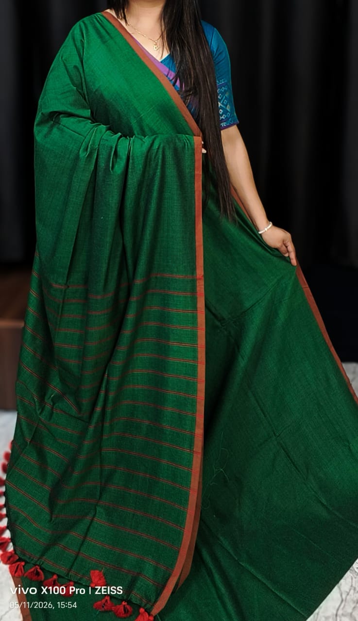 Bottle Green Pure Handloom Cotton Saree with Stripe Weaving Pallu and Border