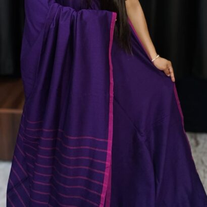 Violet Pure Handloom Cotton Saree with Stripe Weaving Pallu and Border