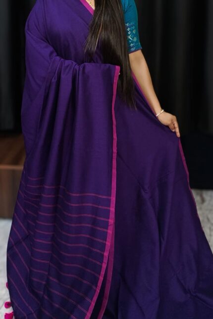 Violet Pure Handloom Cotton Saree with Stripe Weaving Pallu and Border