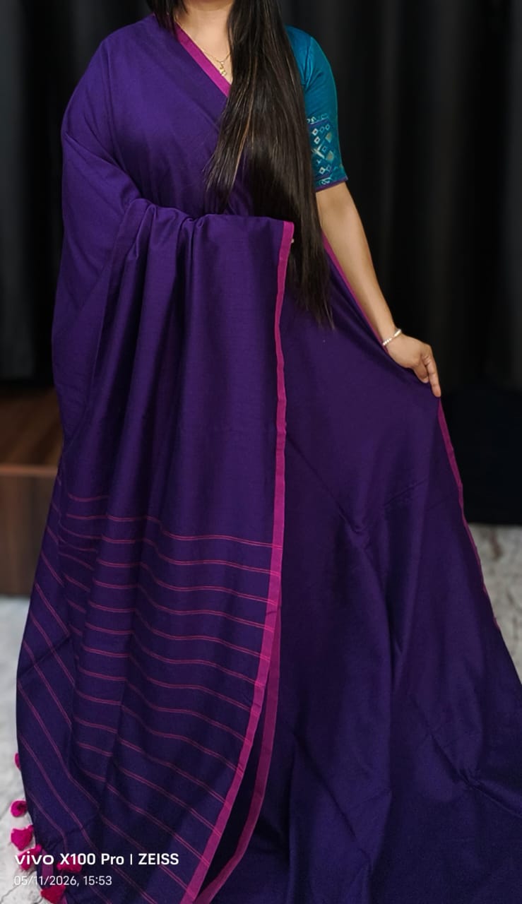 Violet Pure Handloom Cotton Saree with Stripe Weaving Pallu and Border