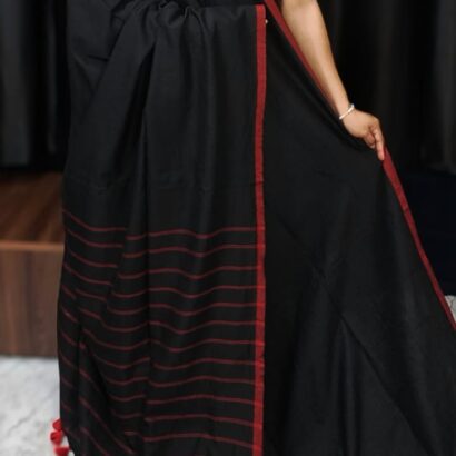 Black Pure Handloom Cotton Saree with Stripe Weaving Pallu and Border