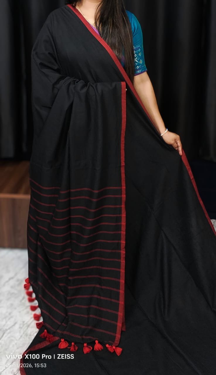 Black Pure Handloom Cotton Saree with Stripe Weaving Pallu and Border
